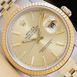 ROLEX MENS DATEJUST 18K GOLD STAINLESS STEEL CHAMPAGNE DIAL TWO TONE WATCH